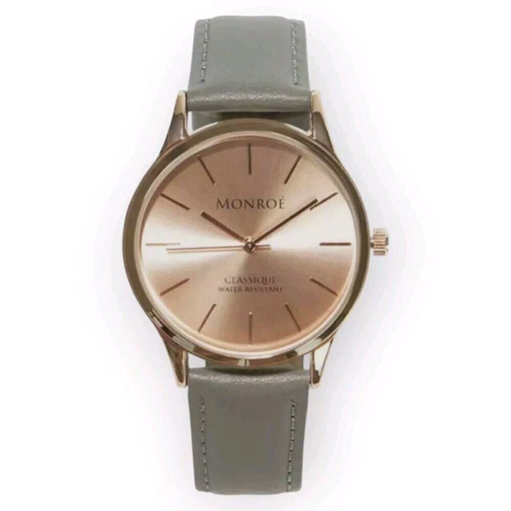 MONROE Classique Watch Sunburst‎ Solérose Rose Gold Grey Leather Analog Quartz